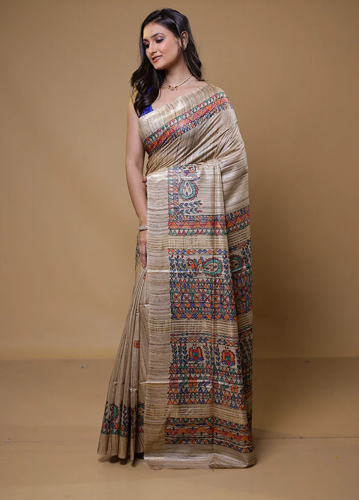 Cream Tussar Silk Saree With Blouse Piece - Image 4