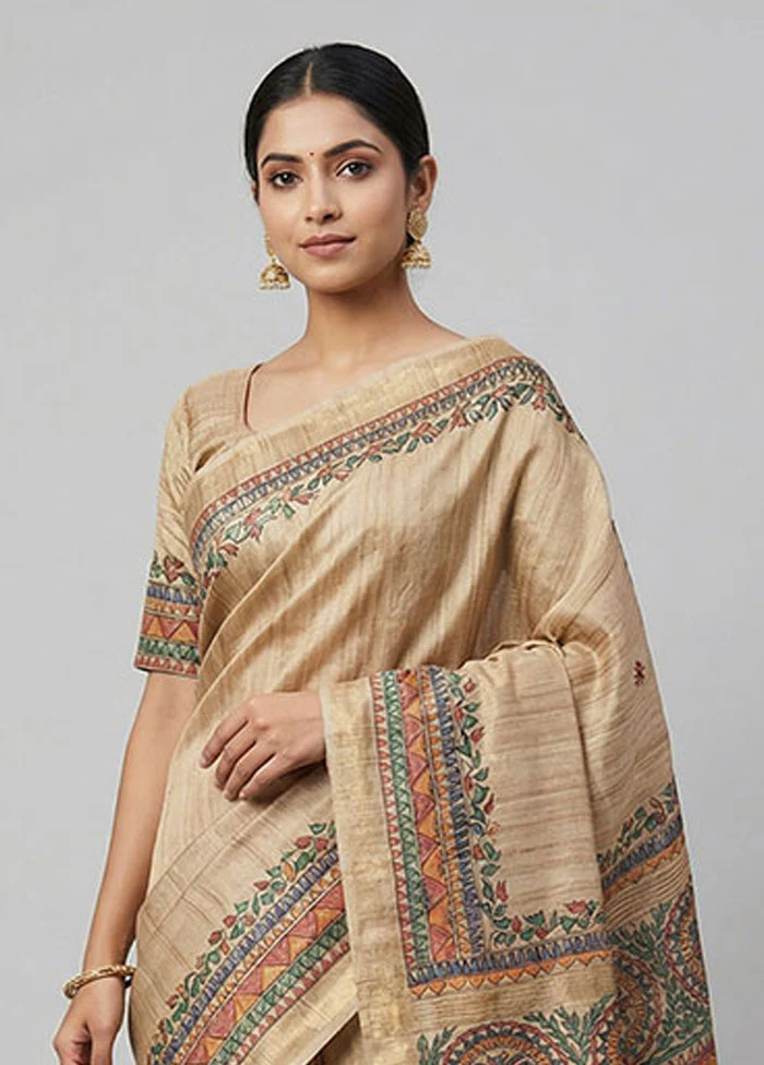 Cream Tussar Silk Saree With Blouse Piece - Image 2