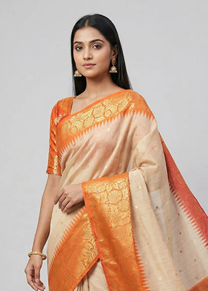Cream Tussar Silk Saree With Blouse Piece - Image 2