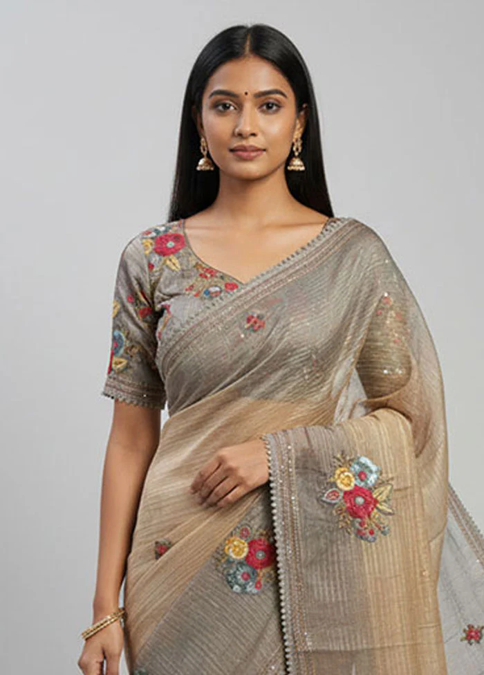 Cream Tussar Silk Saree With Blouse Piece - Image 2