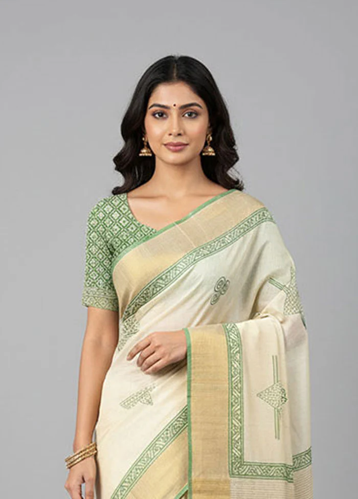 Cream Tussar Silk Saree With Blouse Piece - Image 2