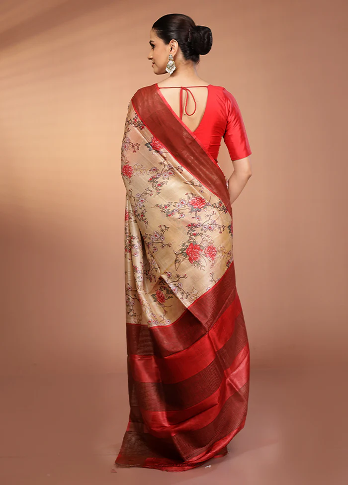 Cream Tussar Silk Saree With Blouse Piece - Image 3