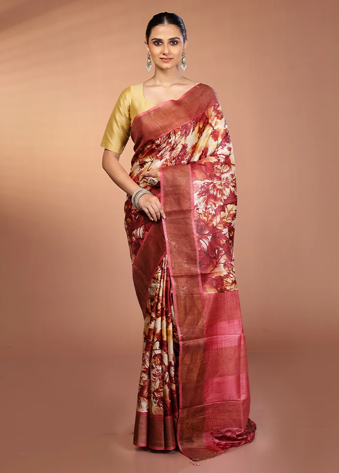 Cream Tussar Silk Saree With Blouse Piece - Image 2