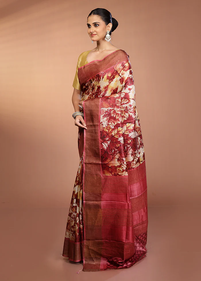 Cream Tussar Silk Saree With Blouse Piece - Image 4