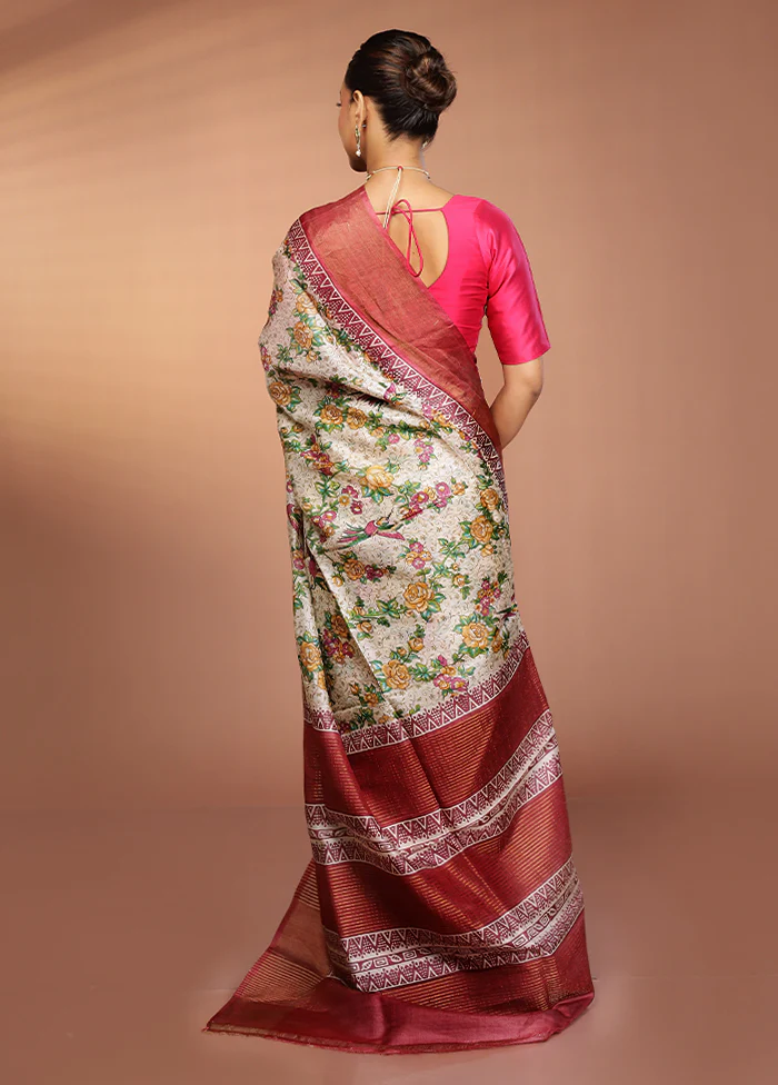 Cream Tussar Silk Saree With Blouse Piece - Image 3