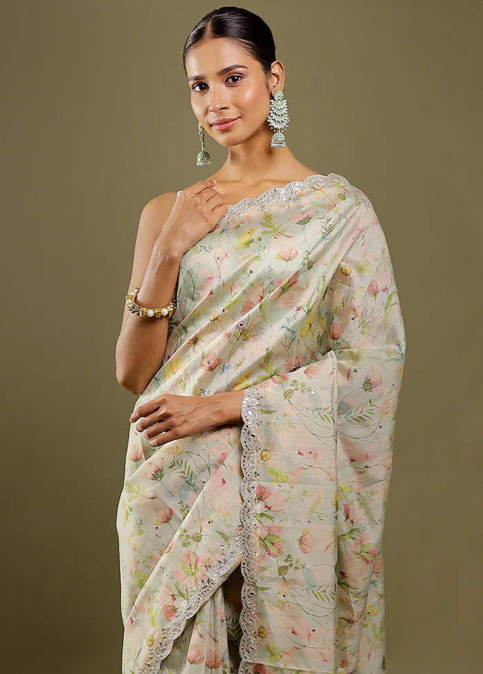 Cream Tussar Silk Saree With Blouse Piece - Image 2