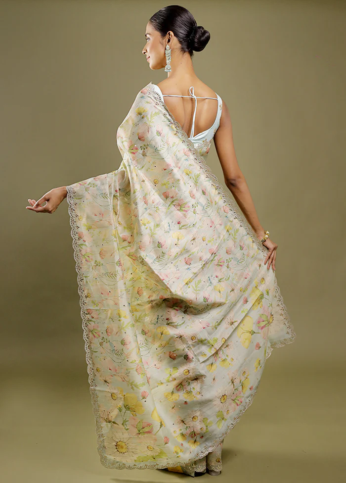 Cream Tussar Silk Saree With Blouse Piece - Image 4