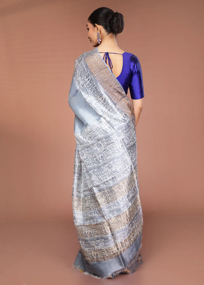 Cream Tussar Silk Saree With Blouse Piece - Image 3