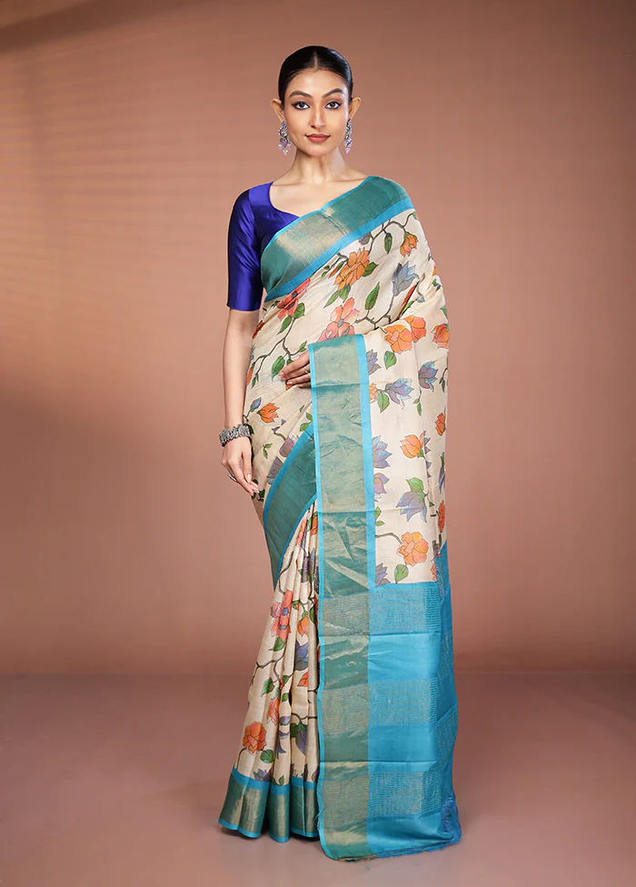 Cream Tussar Silk Saree With Blouse Piece - Image 2