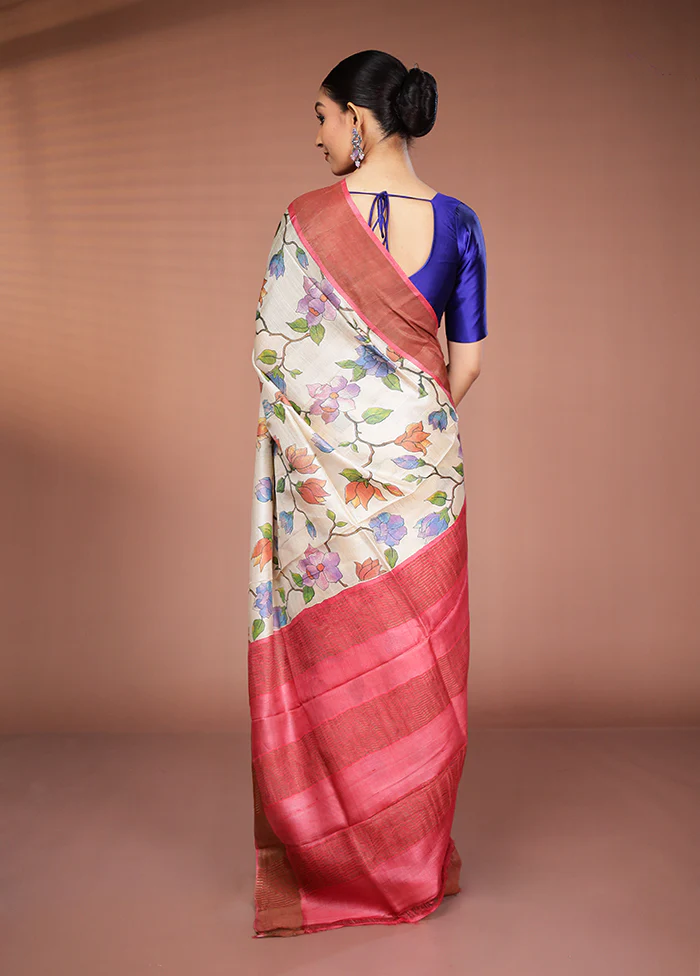 Cream Tussar Silk Saree With Blouse Piece - Image 3