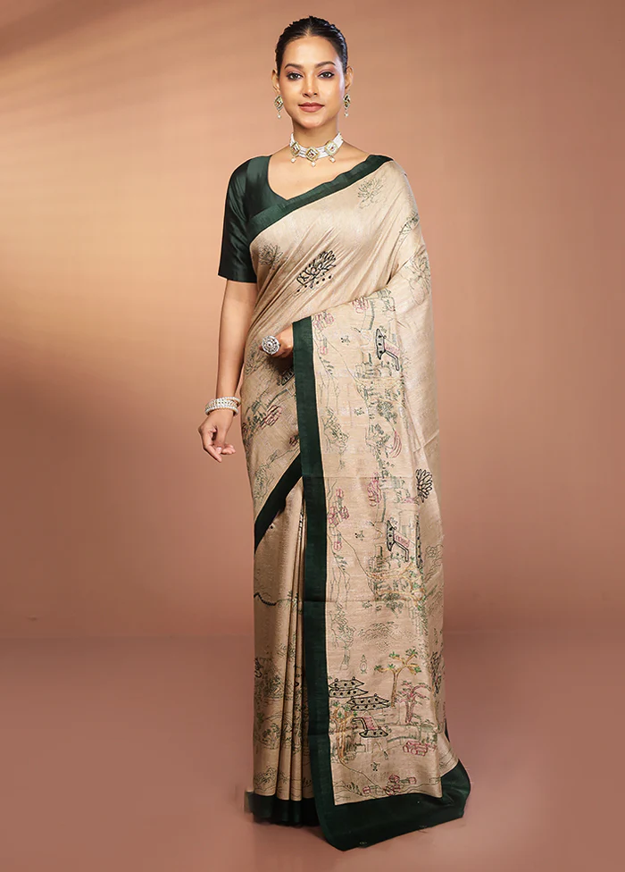Cream Tussar Silk Saree With Blouse Piece - Image 2