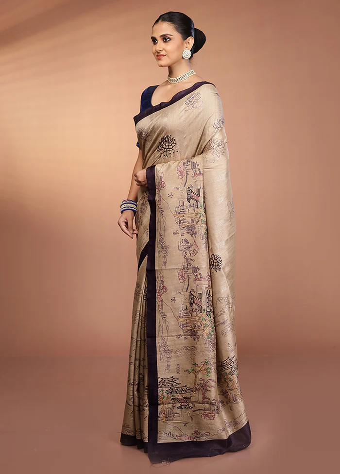 Cream Tussar Silk Saree With Blouse Piece - Image 4