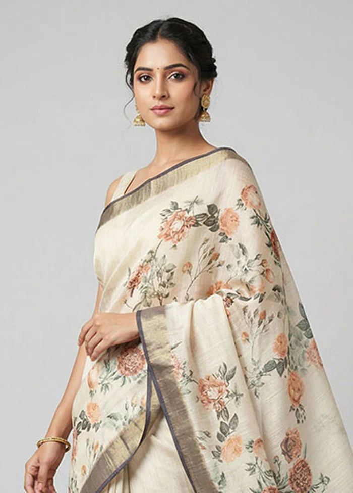 Cream Tussar Silk Saree With Blouse Piece - Image 2