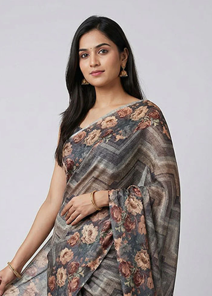 Cream Tussar Silk Saree With Blouse Piece - Image 2