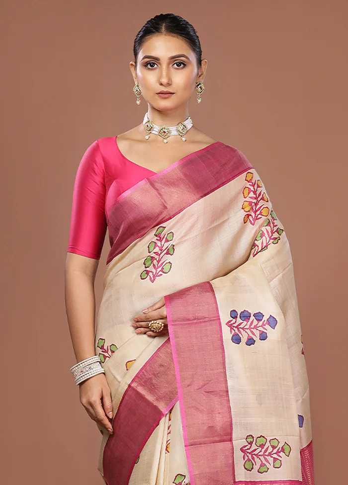 Cream Tussar Silk Saree With Blouse Piece