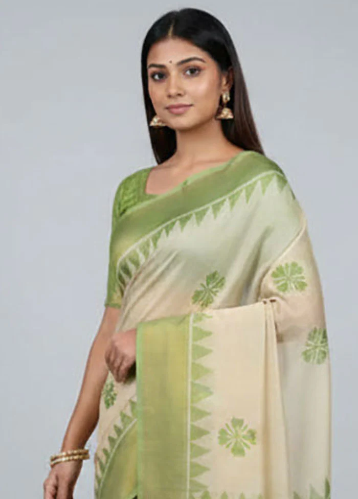 Cream Tussar Silk Saree With Blouse Piece - Image 2