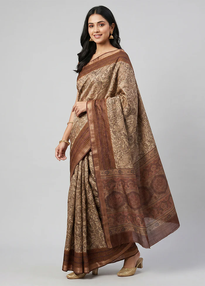 Cream Tussar Silk Saree With Blouse Piece
