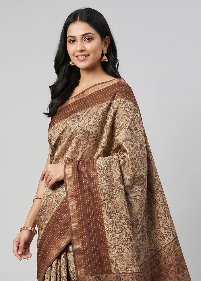 Cream Tussar Silk Saree With Blouse Piece - Image 2