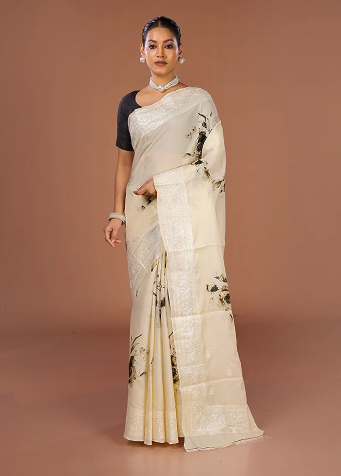 Cream Tussar Silk Saree With Blouse Piece - Image 2