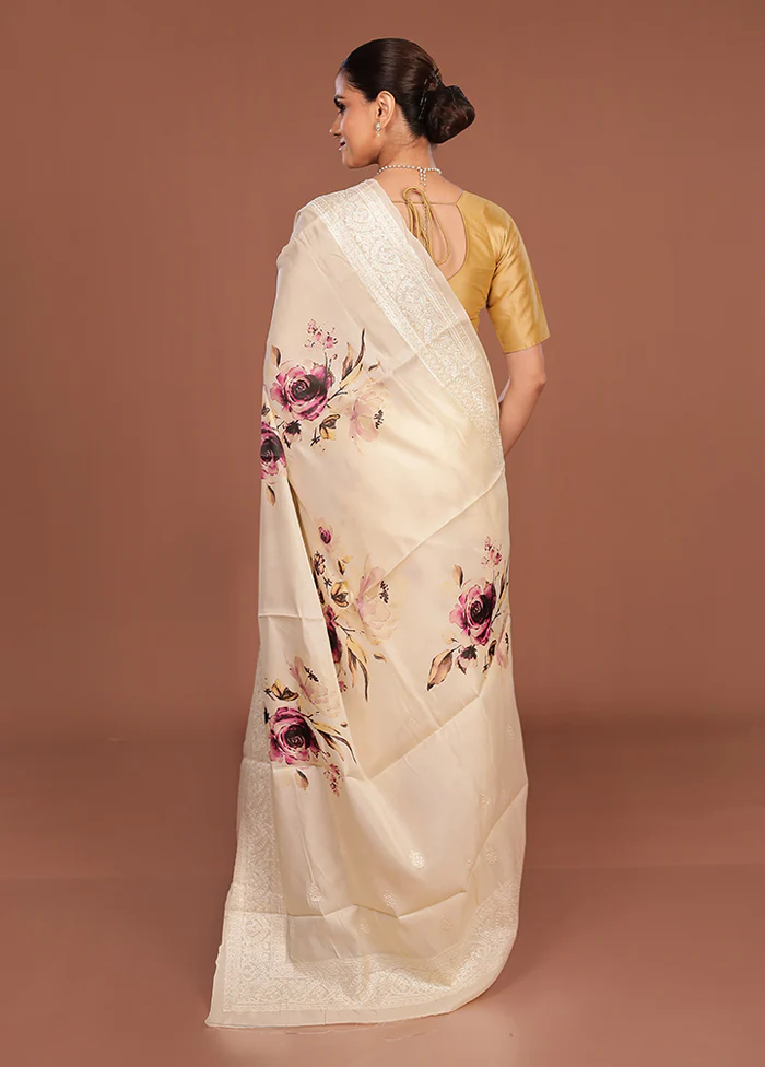 Cream Tussar Silk Saree With Blouse Piece - Image 3