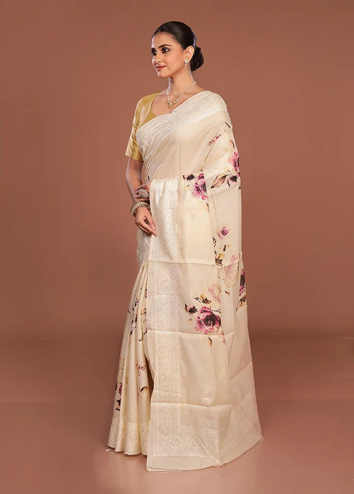 Cream Tussar Silk Saree With Blouse Piece - Image 4