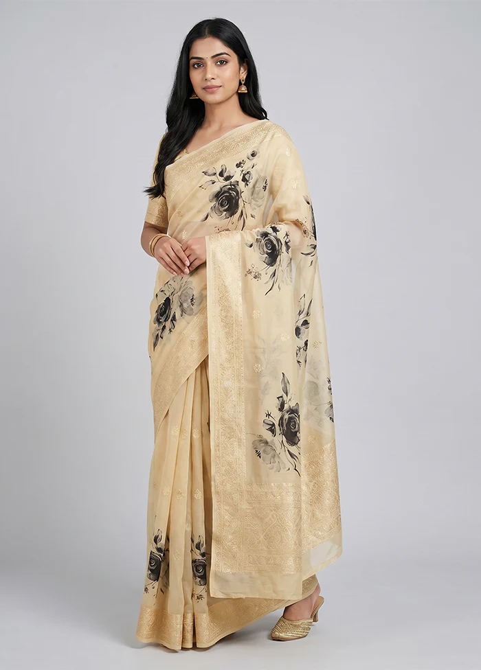 Cream Tussar Silk Saree With Blouse Piece