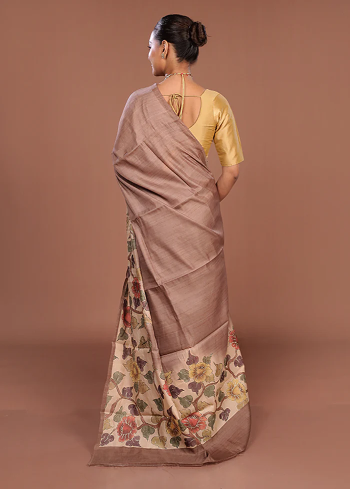 Cream Tussar Silk Saree With Blouse Piece - Image 3