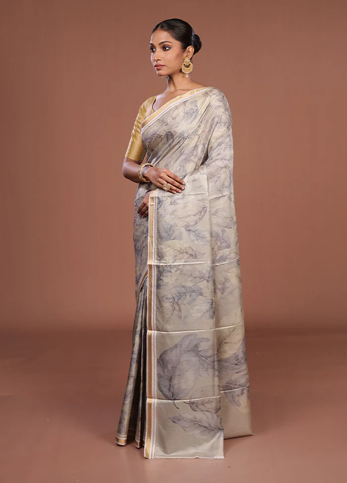 Cream Tussar Silk Saree With Blouse Piece - Image 4