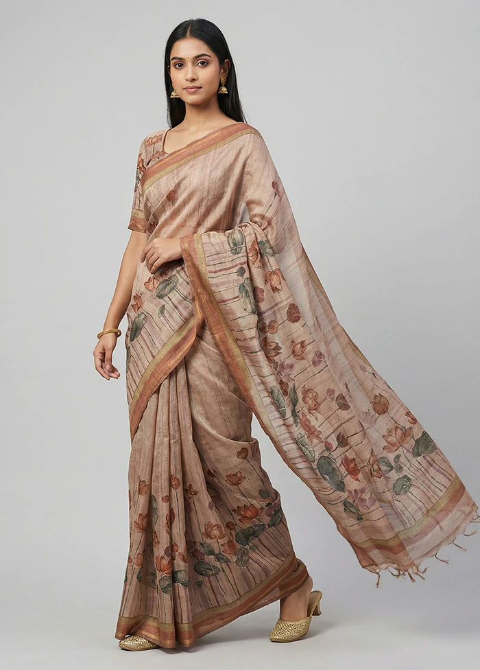 Cream Tussar Silk Saree With Blouse Piece