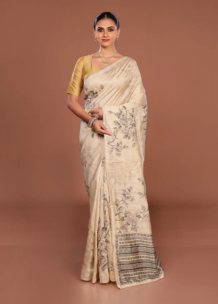 Cream Tussar Silk Saree With Blouse Piece - Image 2