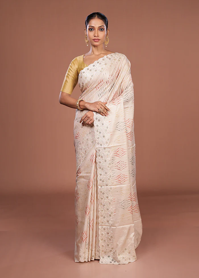 Cream Tussar Silk Saree With Blouse Piece - Image 2