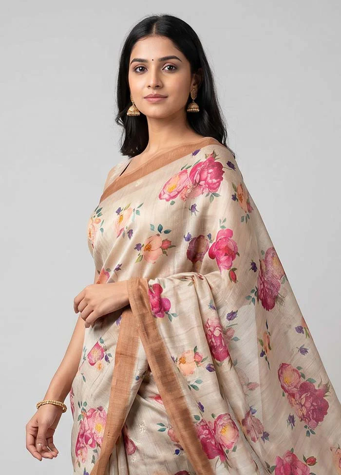 Cream Tussar Silk Saree With Blouse Piece - Image 2