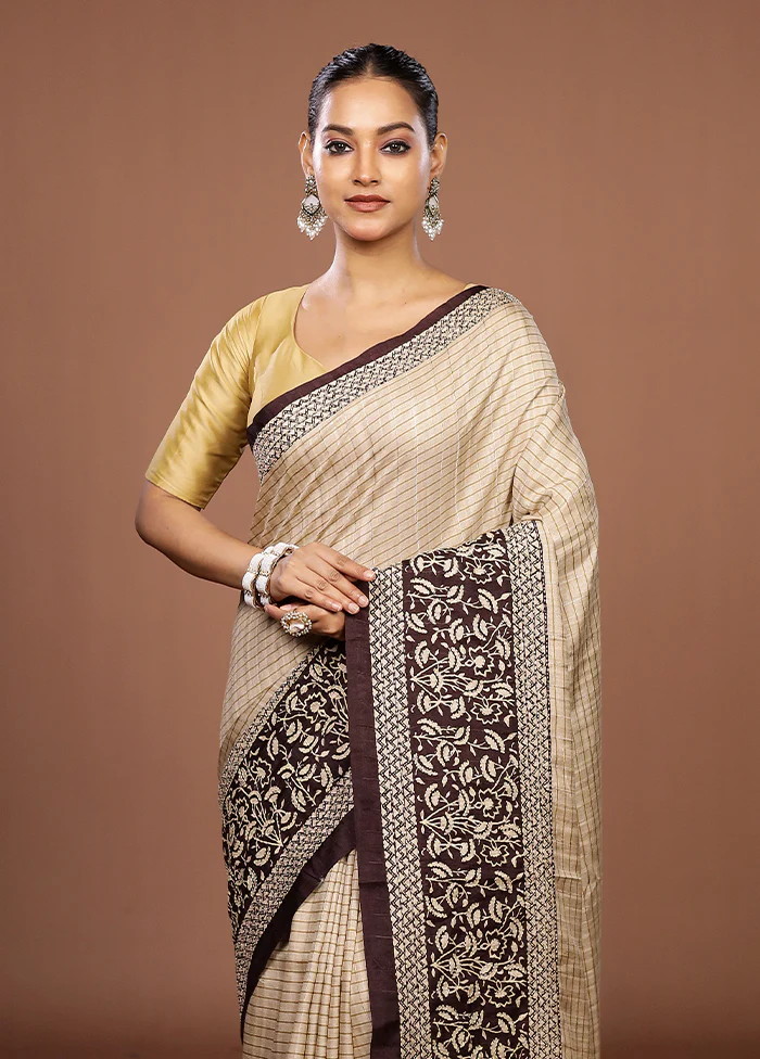 Cream Tussar Silk Saree With Blouse Piece