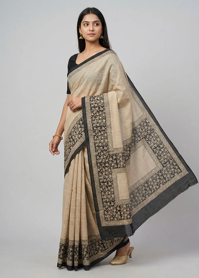 Cream Tussar Silk Saree With Blouse Piece