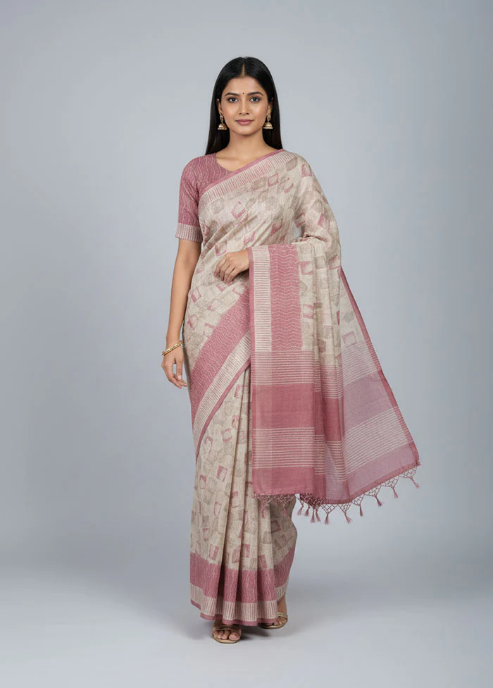 Cream Tussar Silk Saree With Blouse Piece