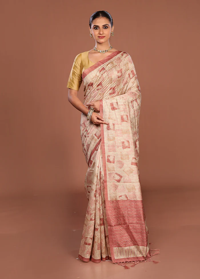 Cream Tussar Silk Saree With Blouse Piece - Image 2