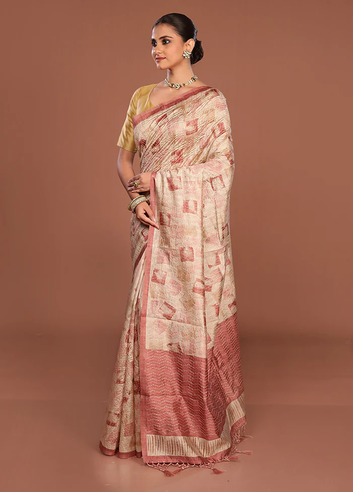 Cream Tussar Silk Saree With Blouse Piece - Image 4