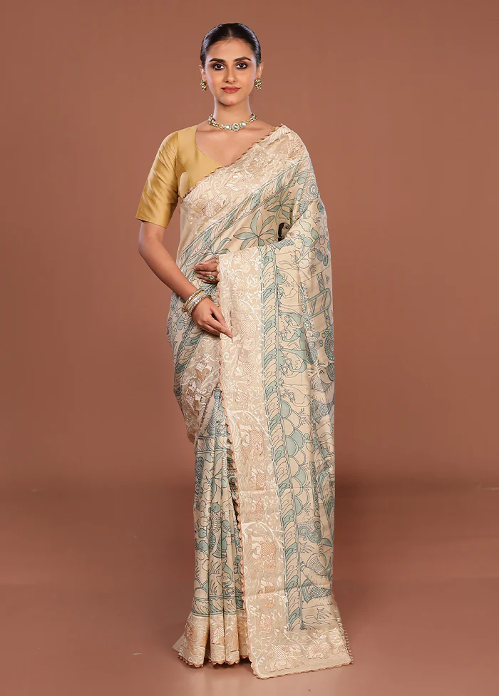 Cream Tussar Silk Saree With Blouse Piece - Image 2