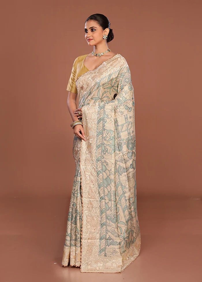 Cream Tussar Silk Saree With Blouse Piece - Image 4