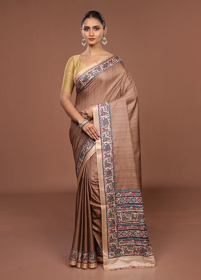 Cream Tussar Silk Saree With Blouse Piece - Image 2