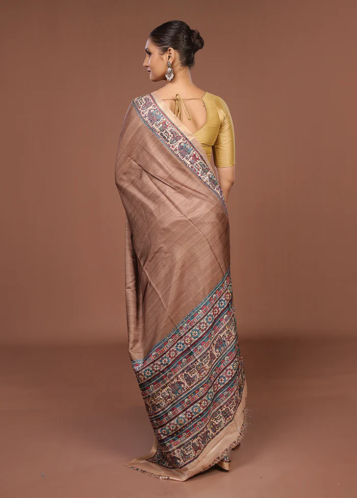Cream Tussar Silk Saree With Blouse Piece - Image 3