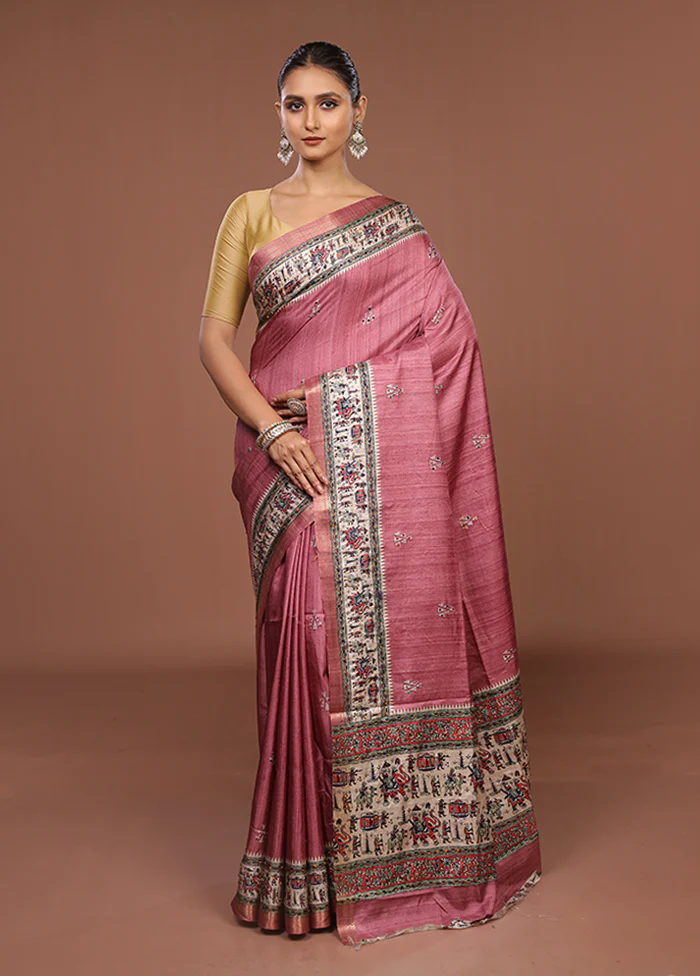 Cream Tussar Silk Saree With Blouse Piece - Image 2