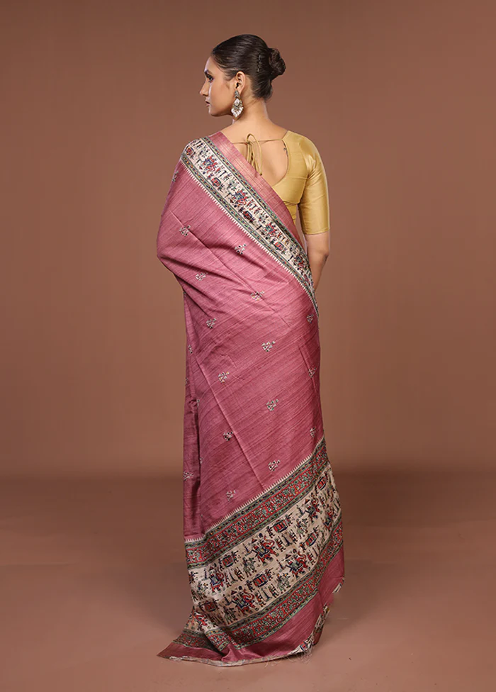 Cream Tussar Silk Saree With Blouse Piece - Image 3