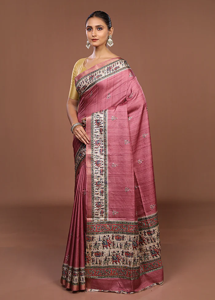 Cream Tussar Silk Saree With Blouse Piece - Image 4
