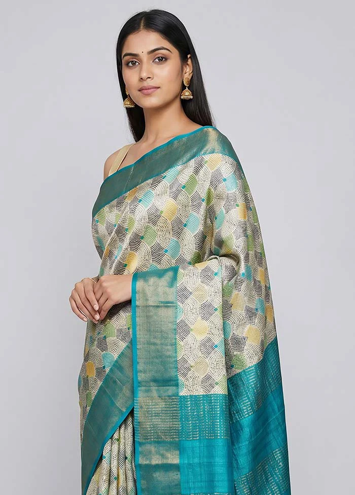 Cream Tussar Silk Saree With Blouse Piece - Image 2