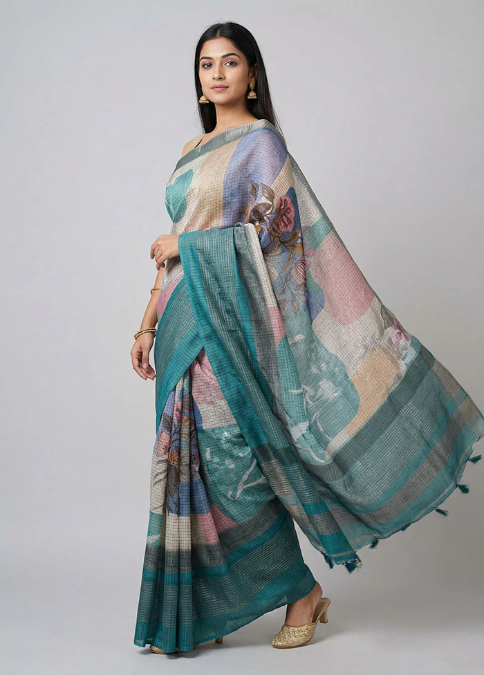 Cream Tussar Silk Saree With Blouse Piece