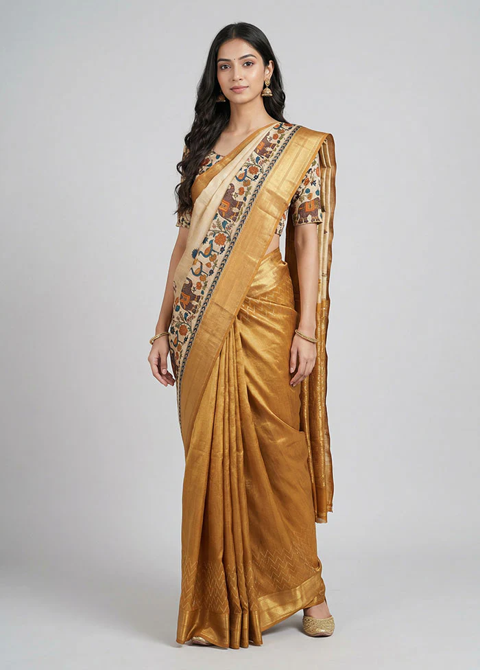 Cream Tussar Silk Saree With Blouse Piece