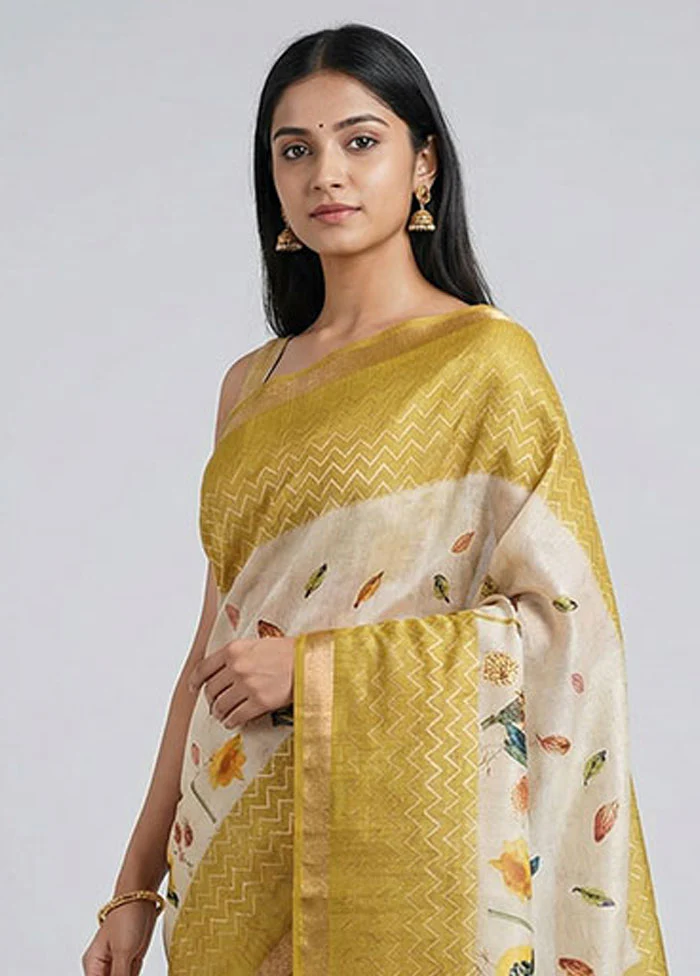 Cream Tussar Silk Saree With Blouse Piece - Image 2