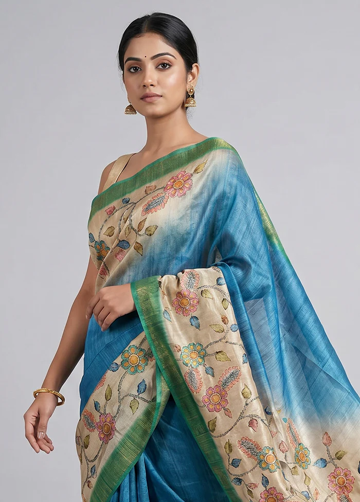 Cream Tussar Silk Saree With Blouse Piece - Image 2