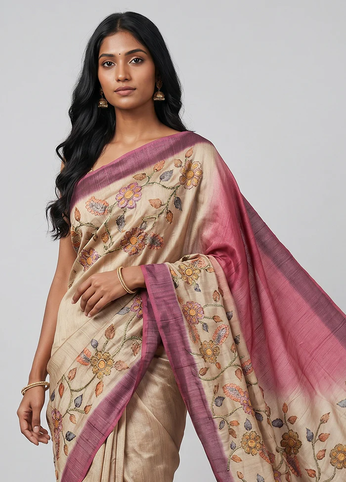 Cream Tussar Silk Saree With Blouse Piece - Image 2